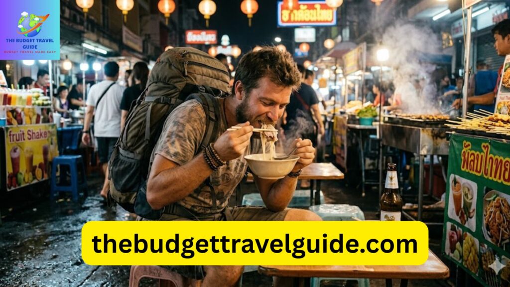 Backpacker eating street food at a Bangkok night market